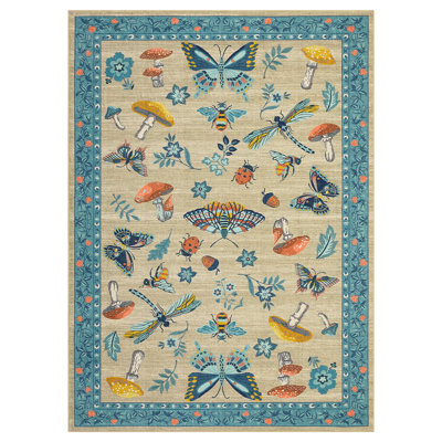 Tapis lavable pour le salon, tapis décoratif à motif floral d'insecte doux antidérapant, tapis d'intérieur pliable résistant aux taches pour la salle à manger, le bureau, la salle de jeux, la chambre de bébé