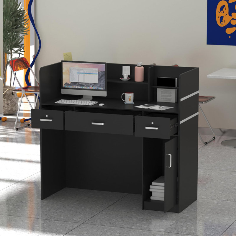 Reception Desk With Lockable Drawers Reception Counter Office Front Desk, Black