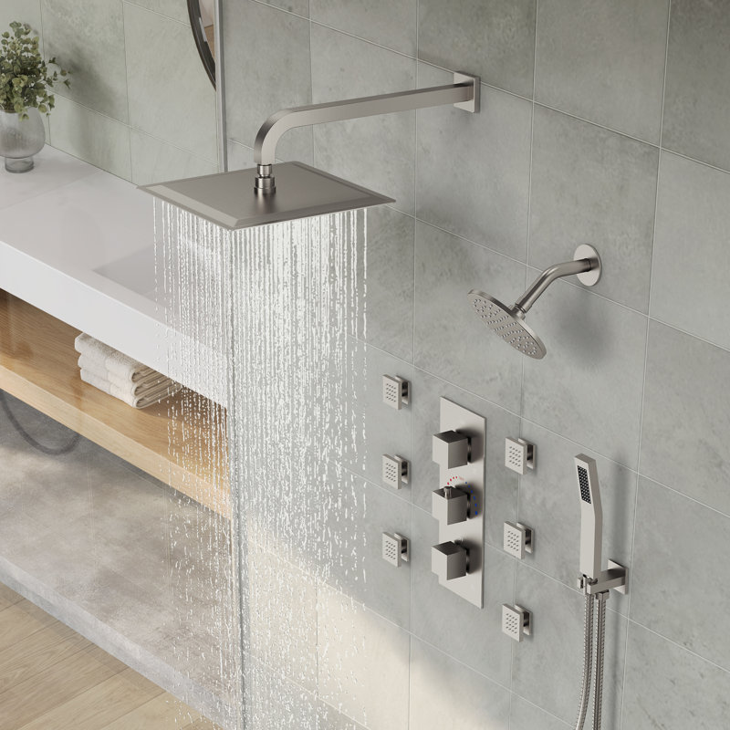 Système de pomme de douche thermostatique double, robinet de douche à pluie haute pression mural 12 "avec douchette et jet pour le corps