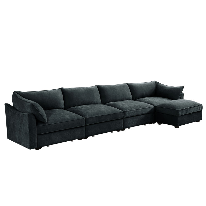 Fauteuil en L à 4 places en forme de croissant, enveloppé, en chenille et sous le rangement, pour différentes configurations de maison, coussins d'accoudoirs, couleur grise coulissante, maisons contemporaines idéales