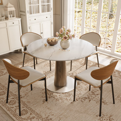 Aversa 35" Round Sintered Stone Dining Table, Stain & Heat Resistant Pedestal Table For Breakfast Nooks, Kitchen & Dining Room