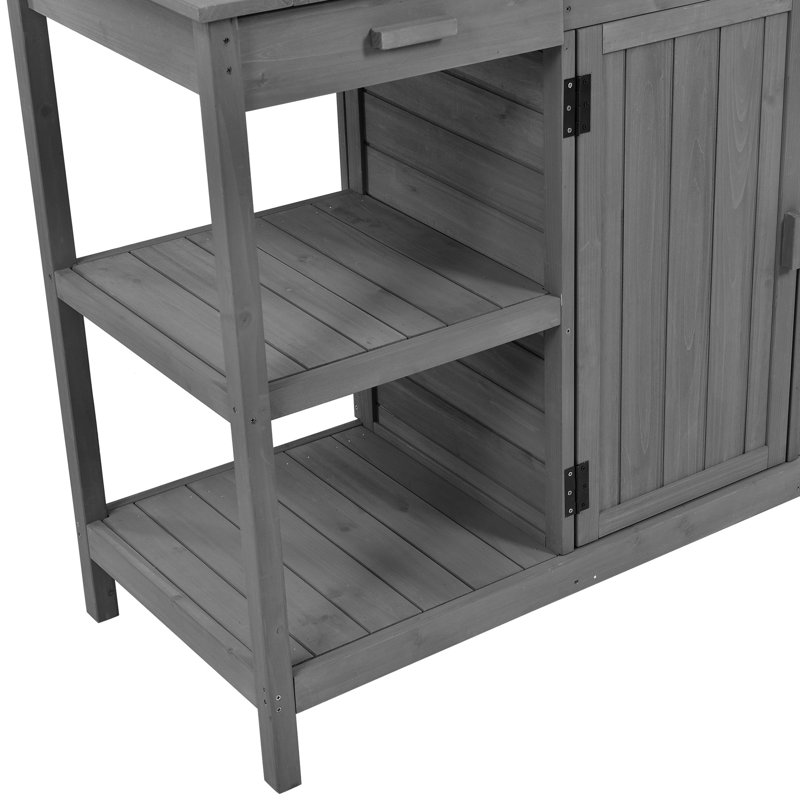 Banc de rempotage en bois de 66 po pour la cour, gris, avec rangement fonctionnel et espace de travail extérieur en bois massif