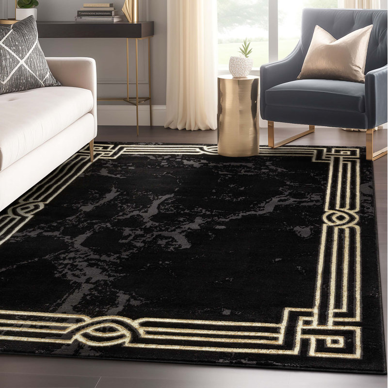 Well Woven Fairmont Huntington Glam Marble Abstract Black Gold Soft Rug, Rectangle 120 x 160cm