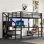 Grand lit mezzanine moderne en métal avec bureau et garde-robe en forme de L, lumières DEL intégrées et ports USB, escalier de rangement, canapé-lit tout-en-un peu encombrant, grain de bois blanc
