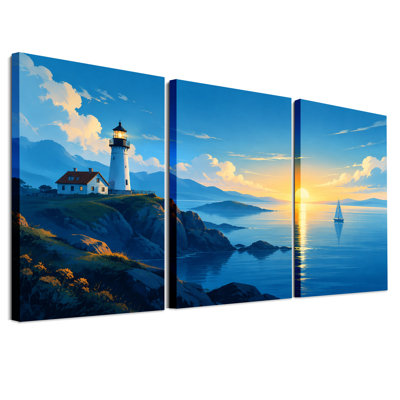 White Lighthouse and Sailboat on Rocky Coast at Set Of 3 Canvas Wall Art