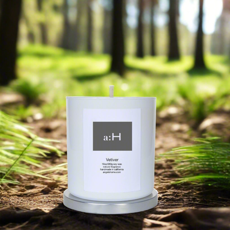 A: H Bougie parfumée en verre vétiver avec support en verre, 1