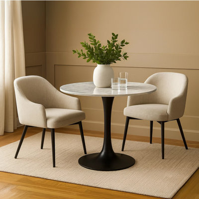 Table de salle à manger Mara | Plateau de table en marbre véritable blanc rond de 30 pouces | Piédestal en métal noir