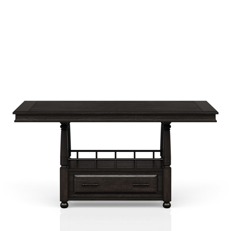 Table de salle à manger à hauteur de comptoir de couleur café foncé avec des matériaux mixtes en bois et en métal, rangement inclus, teinte foncée, solide et fabrication