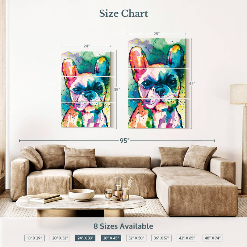 Bouledogue français, peinture, éclaboussures, 3 pièces, H 45 po x l 28 po x P 1,25 po