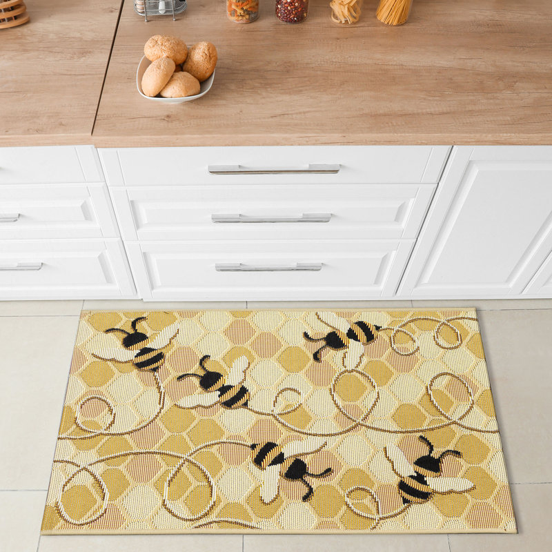 Gemmenne Synthetic Non-Skid Kitchen Mat, Rectangle 2'5" x 3'11", Honey/Gold/Yellow