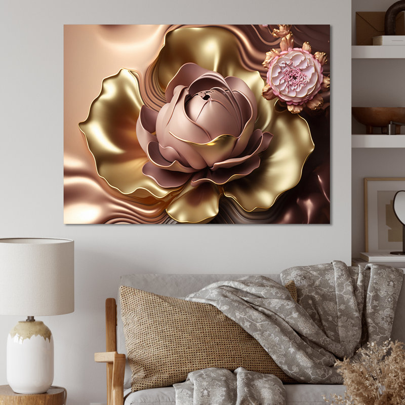 Décoration murale rétro en métal avec fleurs roses et dorées, H 12 po x l 20 po