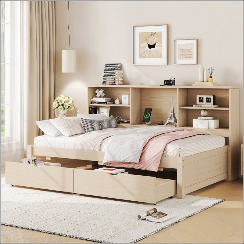 Cadre de lit simple avec tablettes latérales, Naturel