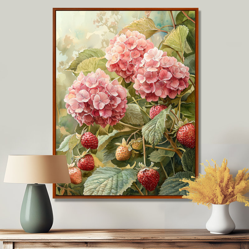 Hydrangeas in the Strawberry Patch - Hydrangea Wall Art, Brun, Reproduction encadrée sans passe-partout, H 44 po x l 34 po