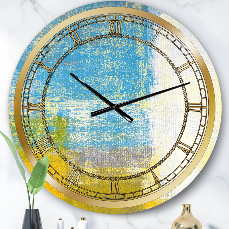Gris et jaune bleu abstrait X - horloge murale moderne, Petit