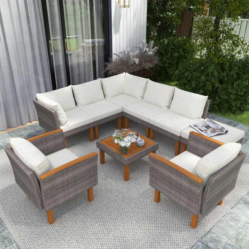 Ensemble modulaire d'extérieur en osier 9 pièces avec table basse 9 pièces, Beige