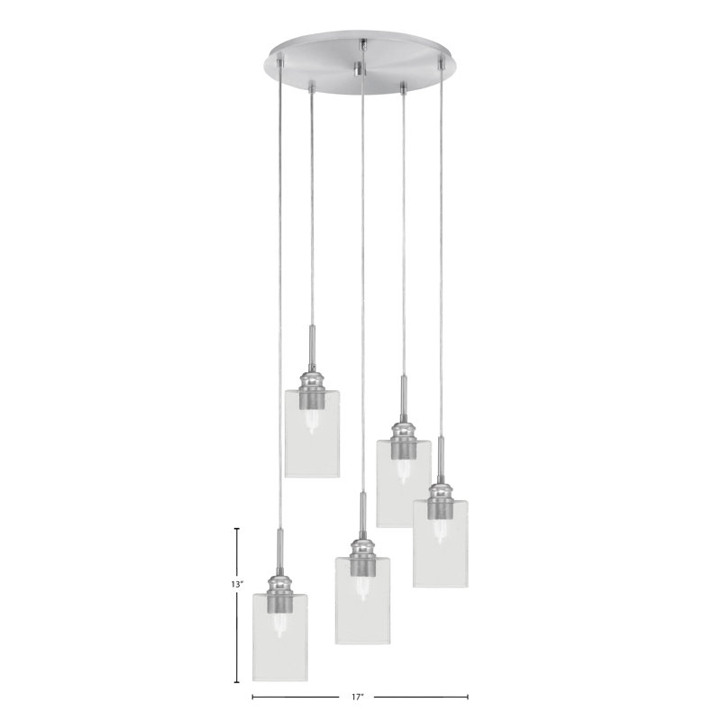 Edge 5 Light Cluster Pendalier Shown With 4" Square Clear Bubble Glass, Brushed Nickel