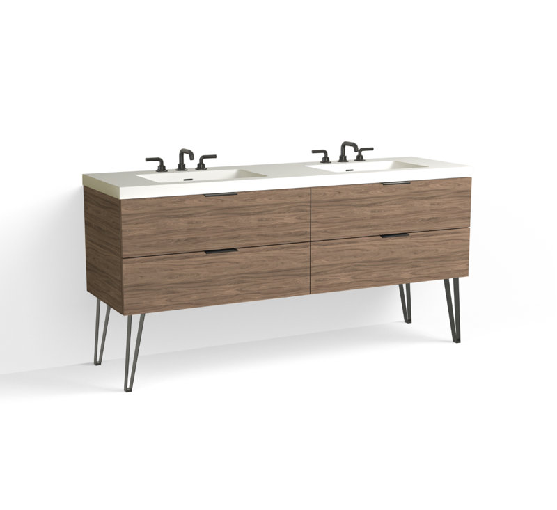 Avila 72" W Freestanding Double Bathroom Vanity with Dawson Leg , Matte White/8" Widespread, Nocino, Matte Black