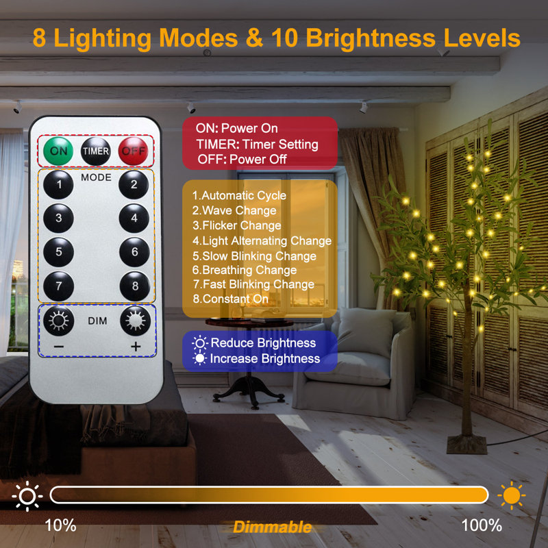 Lifelike LED Olive Tree: Artificial Greenery with 8 Lighting Modes and Adjustable Brightness