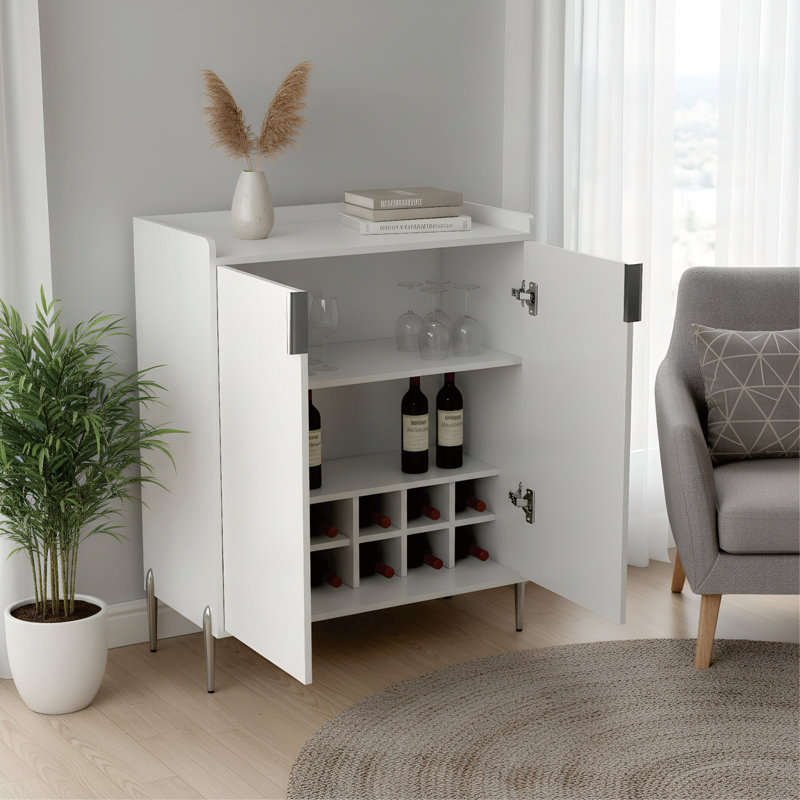 Bar moderne avec support à vin, buffet de cuisine avec 2 portes et tablette réglable, Blanc