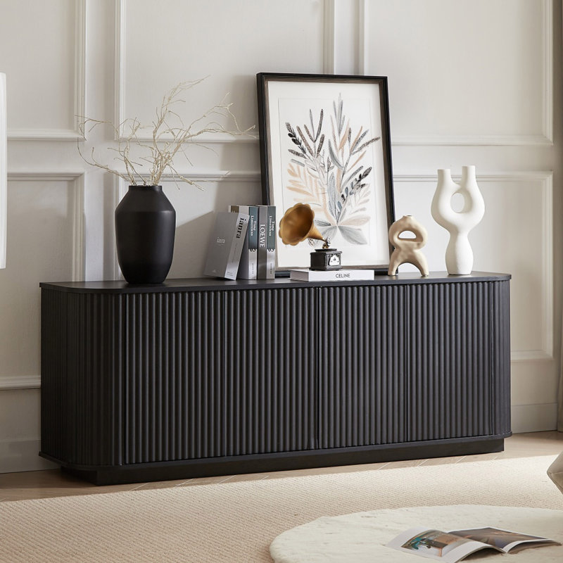 Sideboard Storage Cabinet TV Stand With Wave Pattern Buffet Cabinet Wooden Vertical Striped Cabinet For Kitchen/Bedroom/Entryway, 64''W X 15''D X 24''H.