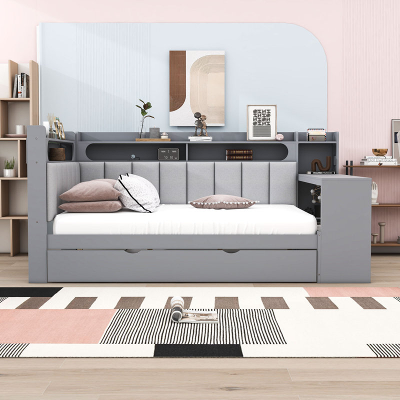 Full Wood Daybed with Trundle, LED Light, Charging Station and Desk, Gray