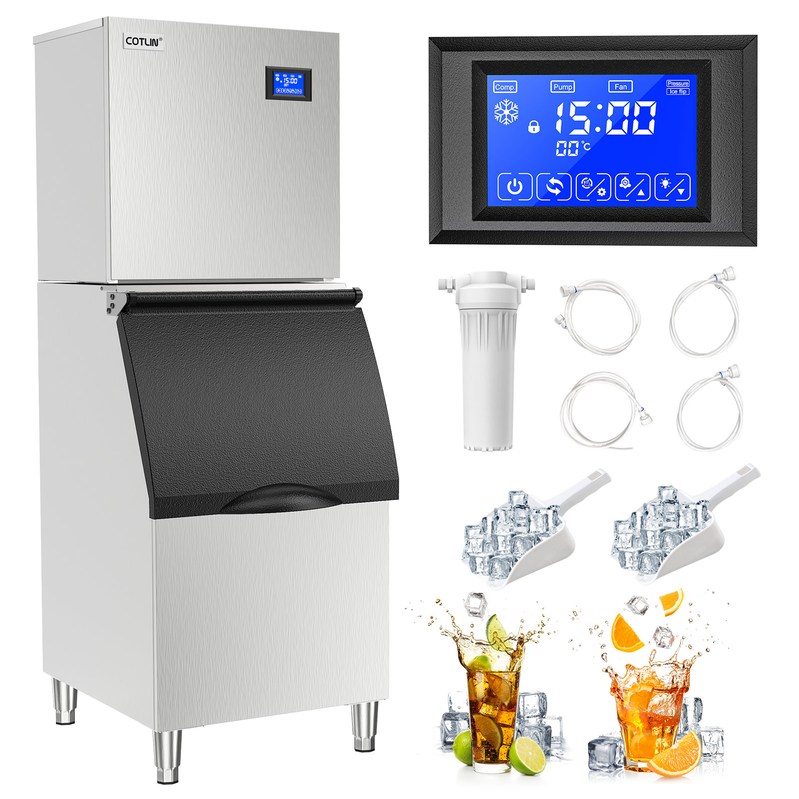 Velivi Commercial Ice Maker 200 lb./24 H Freestanding Ice Maker Machine with 55 lb. Storage, Stainless Steel, Silver