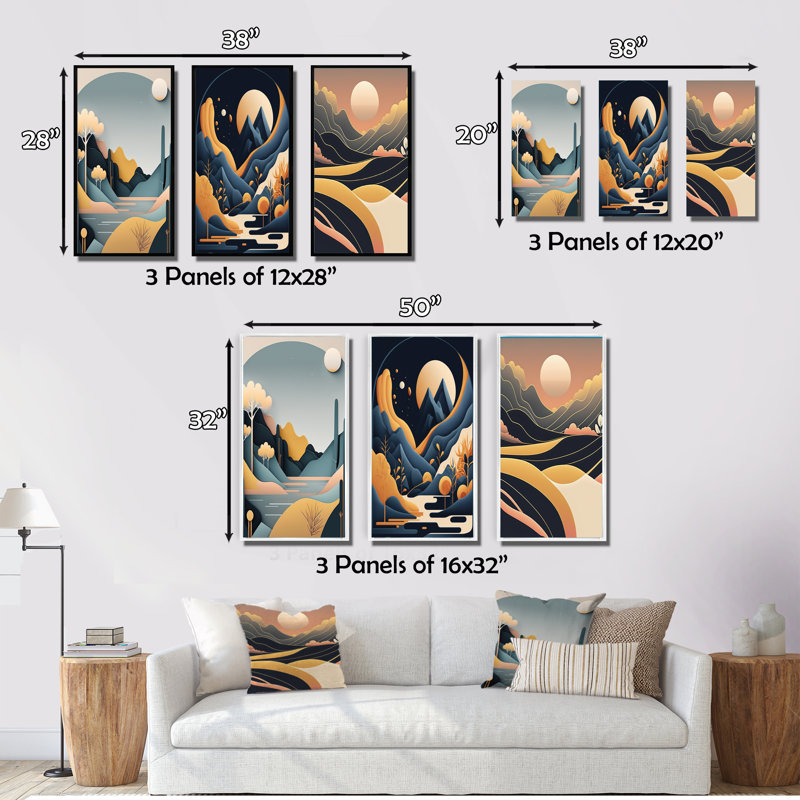 «Full White Moon Over The Mountains», 3 pièces sur toile, H 20 po x l 36 po, Or