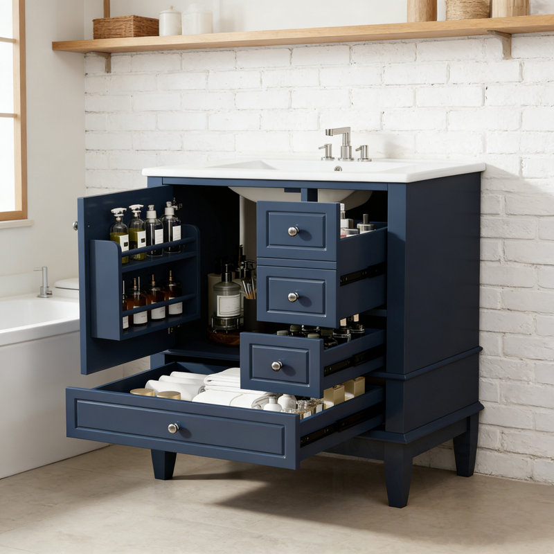 Meuble-lavabo avec lavabo, tablette et trois tiroirs, Bleu