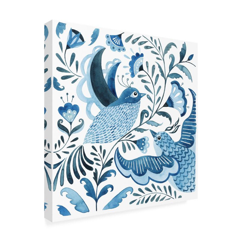 Blue Bird and Floral Canvas Art in White and Blue