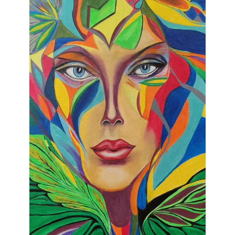 Feuilles abstraites autour du visage | Acrylique sur toile | Par Inderjeet