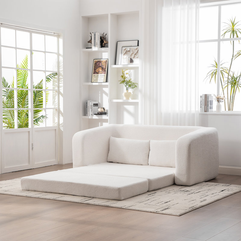 Boneless 71"W Chenille 2-In-1 Pull Out Sofa Bed,Convertible Loveseat With Pillow, Ivory