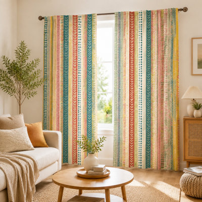 2Pcs Bohemian Striped Curtains, Boho Farmhouse Style Patterned Light Filtering For Living Room Bedroom Kitchen Window Drapes, Home Decor