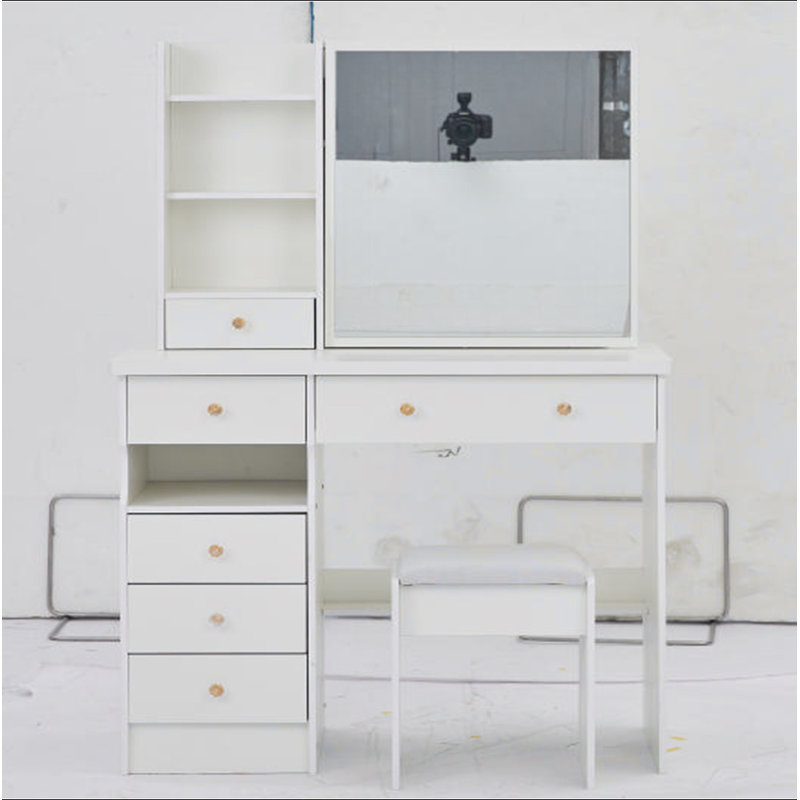 Meuble-lavabo de 37 po de taille moyenne avec tiroir à gauche et tabouret rembourré, très grand miroir coulissant à droite, rangement multi-couches à grande capacité, commode pratique et pratique, convient aux grands espaces