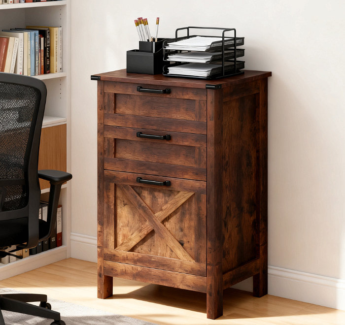 Armoire de rangement de bureau, classeur vertical à 3 tiroirs, pour la maison et le bureau, Brun rustique