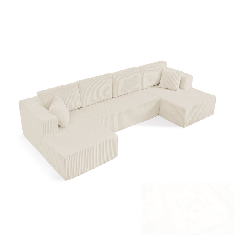 U shape Corduroy Modular Sectional Sofa with soft cushion, Beige