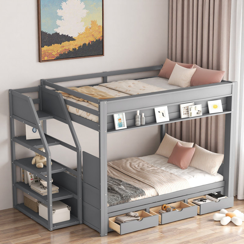 Convertible Bunk Bed With Storage Staircase, Bedside Table And 3 Drawers, Grey