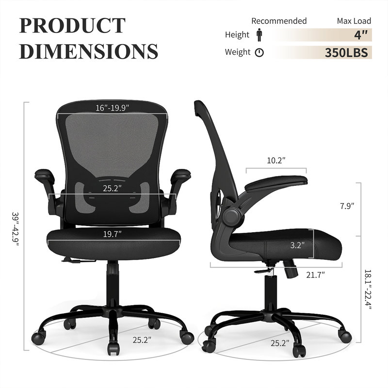 Oetjen Ergonomic Home Office Mesh Task Chair Desk Chair With Flip-up Armrest, Black