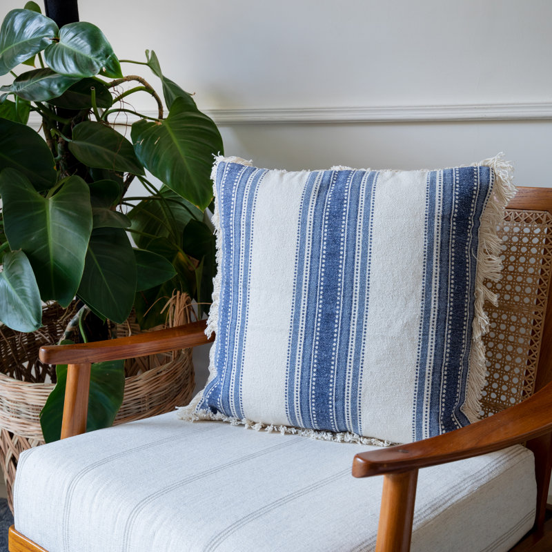 Navy and Ivory Striped Cotton Throw Pillow Set with Fringe