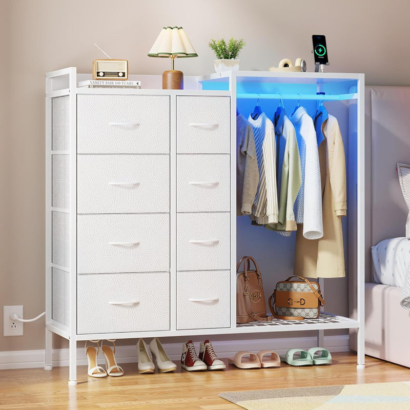 Commode 8 tiroirs avec support suspendu, commode haute avec station de charge et lumières DEL