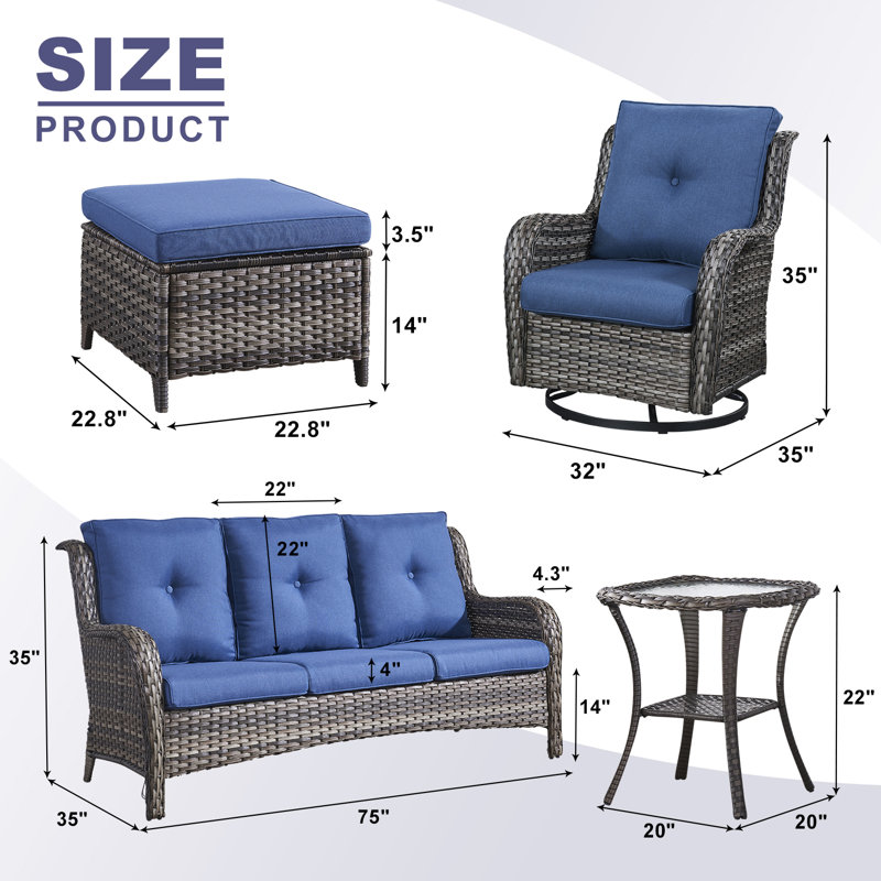 Bonia Wicker 5 - Person Patio Conversation Set with Cushions, Blue/Gray