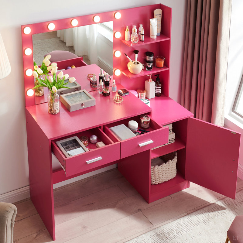 Bureau de coiffeuse avec miroir et lumières, coiffeuse 46,4 po avec 2 grands tiroirs et grand organisateur vertical, commode à 3 niveaux et 3 modes d'éclairage à luminosité réglable, convient à la chambre à coucher