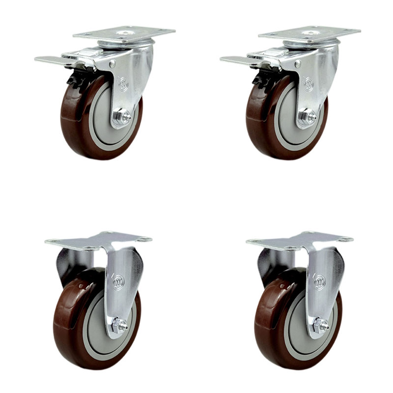 Ensemble de roulettes à plaque pivotante en polyuréthane de 4 pouces, 2 freins verrouillables et 2 plateaux rigides, Marron