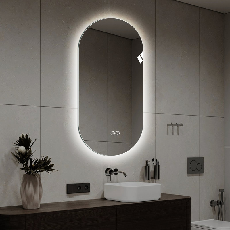 Miroir de salle de bain 48 po x 24 po à fixation au brouillard avec design, trois options d'éclairage: blanc 6 000 K, naturel 4 000 K, 3 000 K chaud, luminosité réglable, verre brisé, DEL 50000 heures et plus