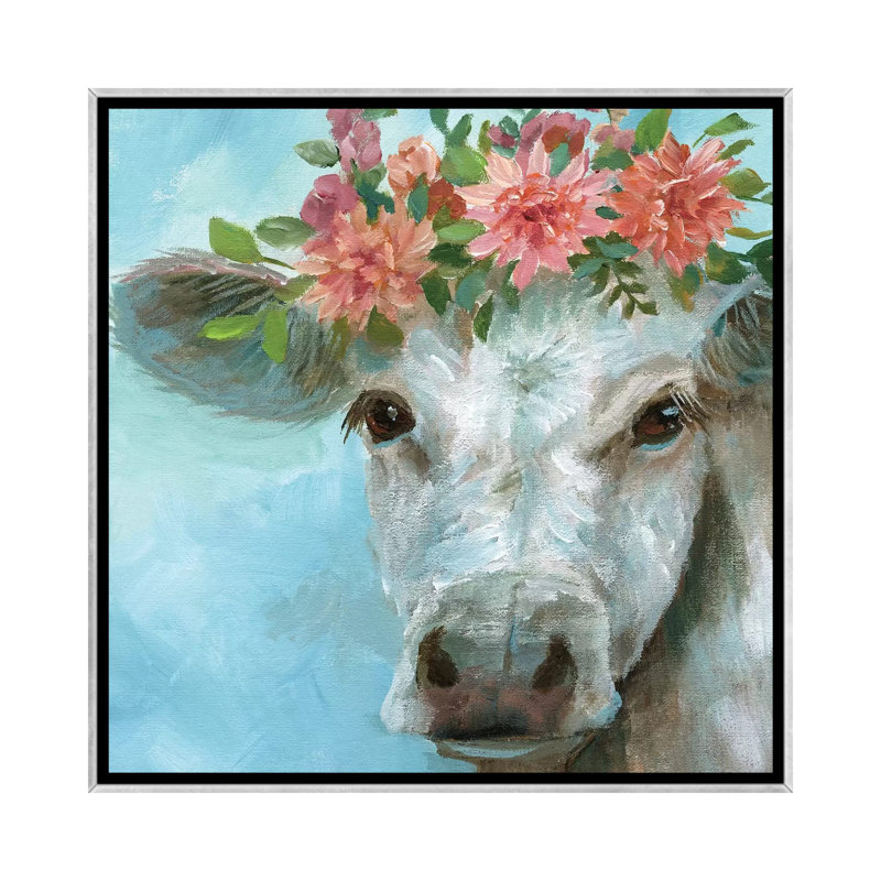 «Happy Bessie» par Nan - reproduction, H 26 po x l 26 po x P 1,5 po, Encadrement argenté