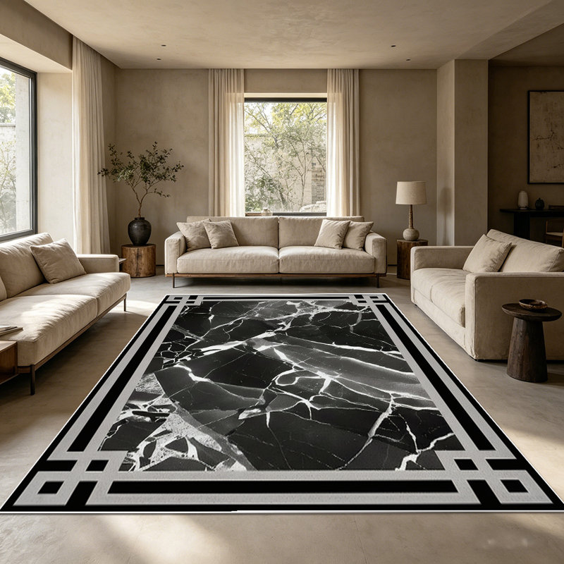 Marble Pattern Area Rug, Modern Abstract Veined Floor Carpet with Decorative Border, Soft Washable Low-Pile Rug for Living Room, Bedroom, Dining Room, Office