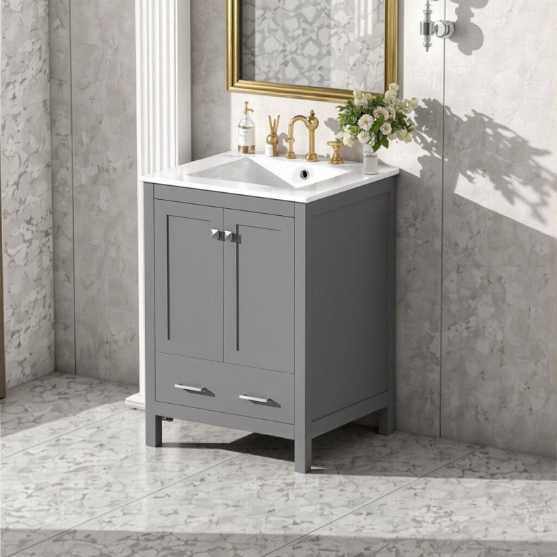 Meuble-lavabo 24 po avec lavabo en céramique et rangement double - Portes et tiroir à fermeture en douceur, Gris