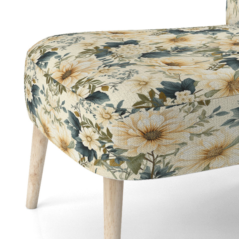 Chaise d'appoint antique en velours beige et bleu avec pivoines I