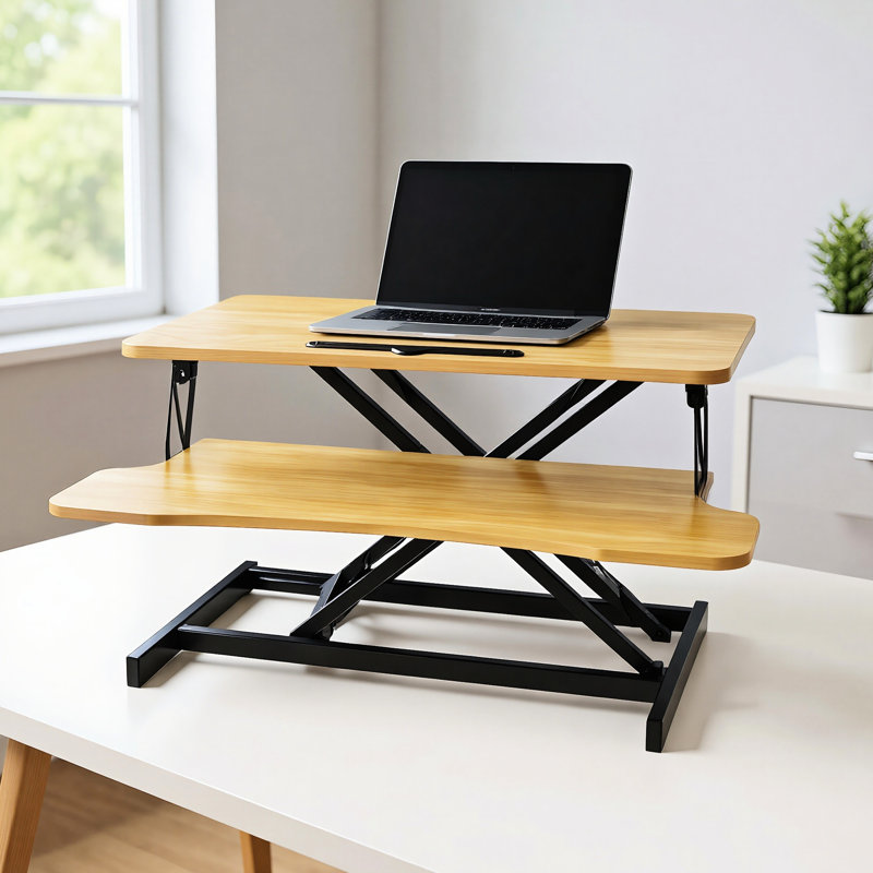 Poste de travail assis-debout 32 pouces avec double moniteur et ordinateur portable, hauteur réglable pour un bureau d'ordinateur debout, palette de couleurs naturelles sur la surface, surface de travail 31,5 x 15,7