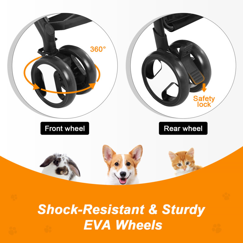 Black Foldable Stainless Steel Pet Stroller with Detachable Carrier