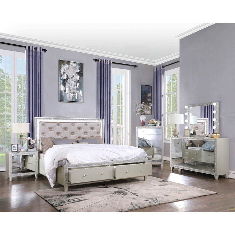 1Pc Nightstand With 2X Drawers Mirrored Front